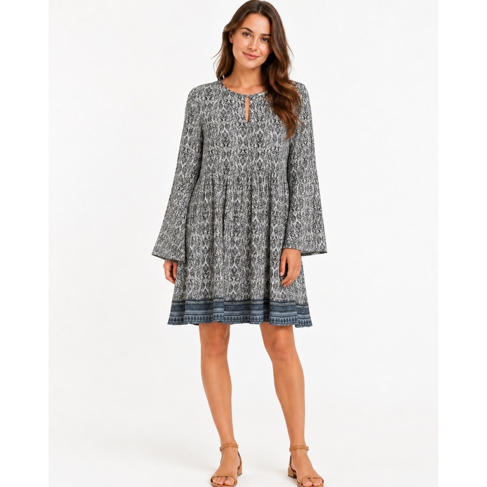 Jodifl Grey Paisley Babydoll Dress Bell Sleeve Keyhole Back Mini L